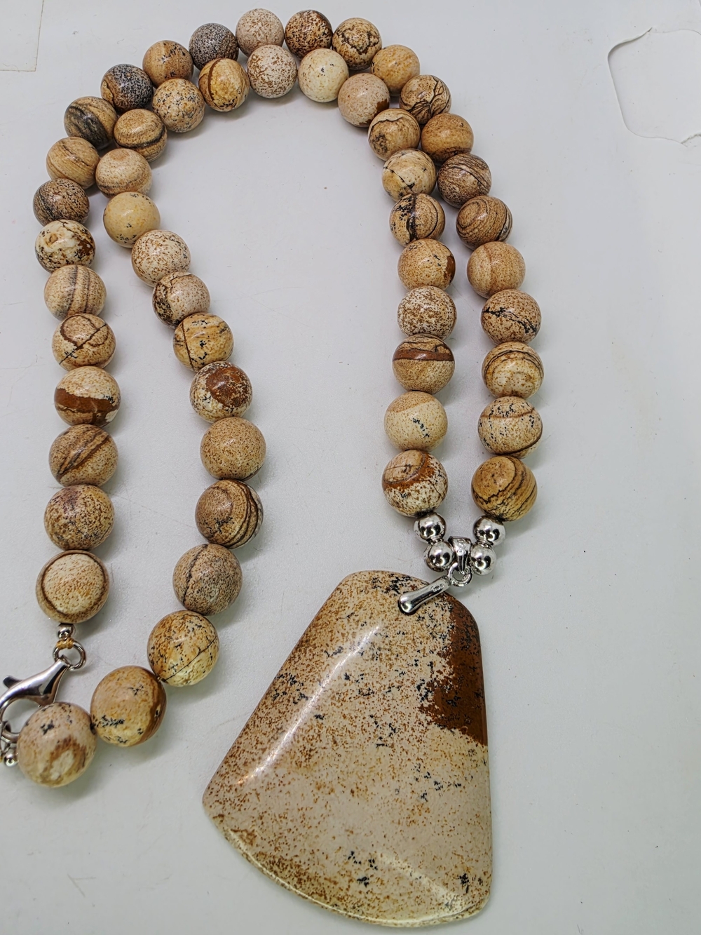 Vtg Sterling Silver 925 Picture Jasper Beaded Necklace Freeform Slab Pendant